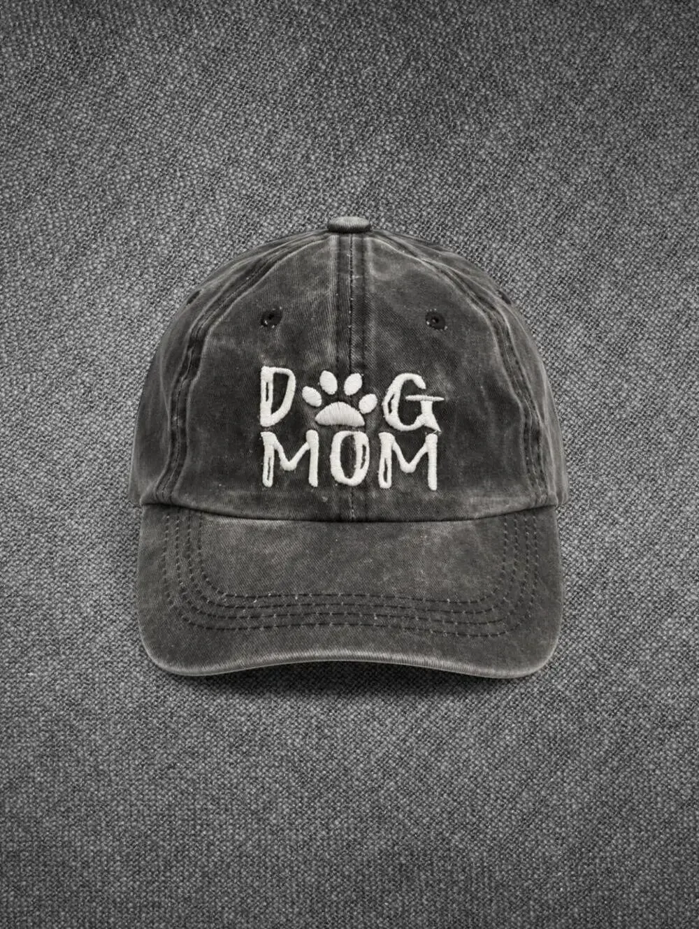 Dog Mom Distressed Black Cotton Baseball Cap